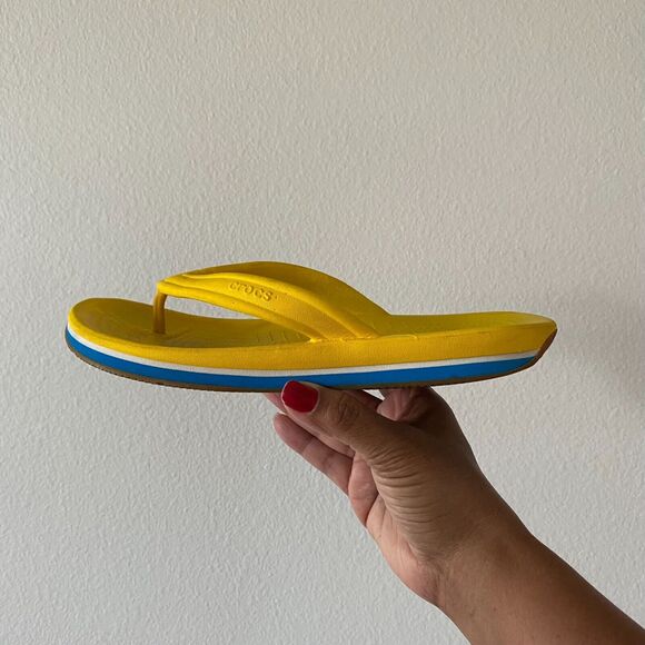 Crocs Retro Wedge Flip Flop Thong Sandal‎ Yellow/Blue W 8/M 6 Unisex - Picture 2 of 7